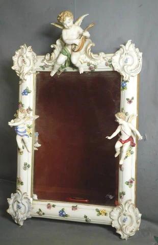 Antique German Porcelain Wall Mirror Cherub Angels Putti Flowers Dresden Vintage Cover