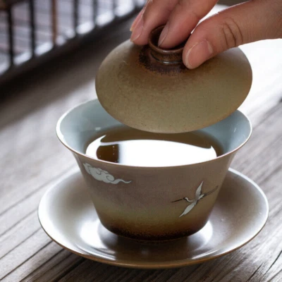 130 мл китайская антикварная гайванская сырая керамическая чаша с узором крана и диафрагмой - Изображение 1 из 4