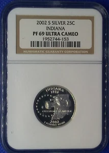 2002 S Silver Proof Indiana IN Statehood Quarter 25C Graded PF69 UC by NGC - Picture 1 of 2