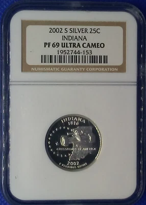 2002 S Silver Proof Indiana IN Statehood Quarter 25C Graded PF69 UC by NGC - Image 1 of 2