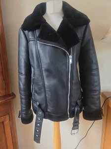 Ladies Black TOPSHOP FAUX FUR SHEARLING Aviator Coat SIZE 12 - Picture 1 of 9