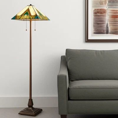 Lámpara de pie estilo Tiffany de dos luces 62" con vidrieras ámbar azul y verde... Foto 1 de 4