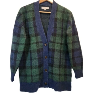 LOFT Women's Cardigan Sweater Size S Wool Bland Plaid V Neck Button Down Green - Picture 1 of 3