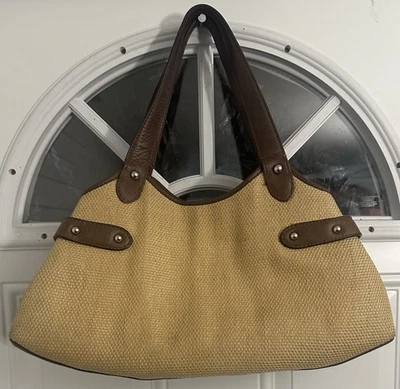 BANANA REPUBLIC BR Purse Wicker Straw Woven Brown Leather NEW - Image 1 of 4