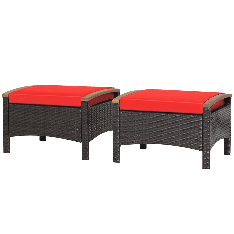 Set of 2 Fade-Resistant Wicker Patio Ottoman-Red - Color Red