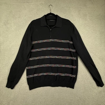 Paul Fredrick Mens Black Quarter Zip Long Sleeve Polo Sweater Striped Trim Sz M - Image 1 of 4