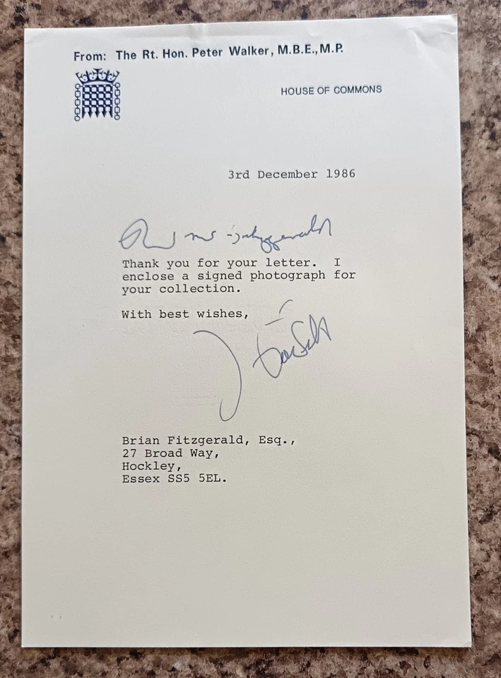Sir Peter Walker - Ex Tory Minister MP Hand Signed Letter AFTAL COA - Image 1 of 1