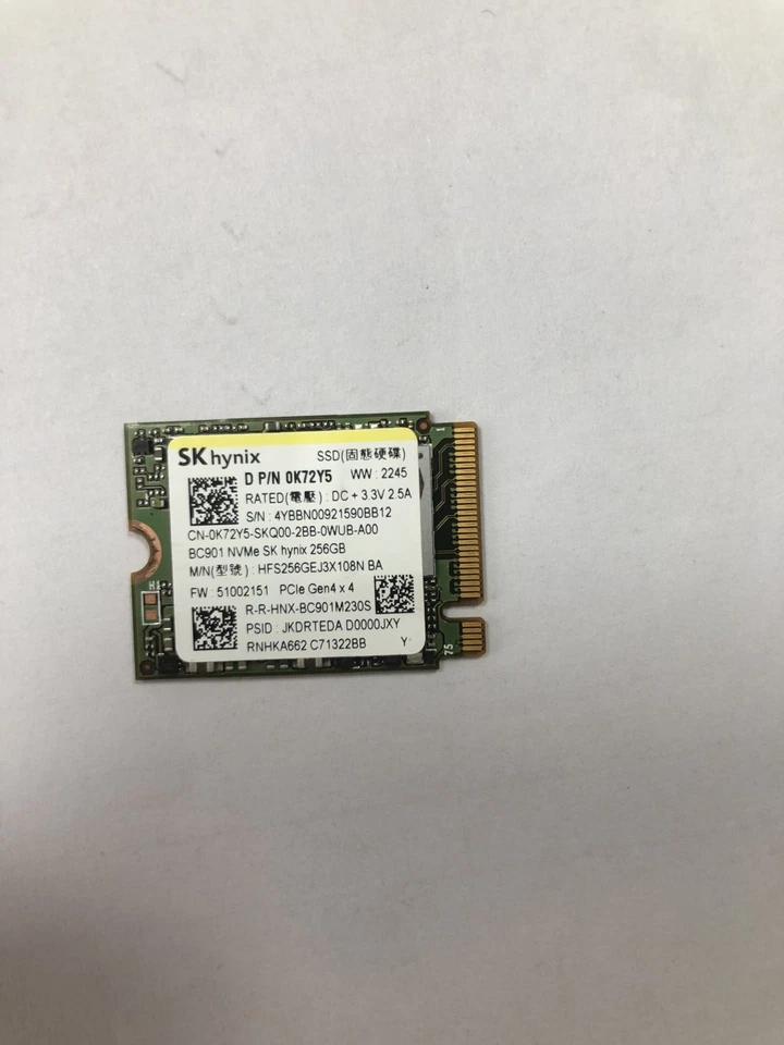 0K72Y5 Dell (Hynix HFS256GEJ3X108N) 256gb Bc901 M.2 - 2230 - 30mm Pci-e 4.0 X4 - Image 1 of 1