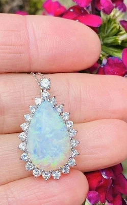 Pingente feminino halo corte pera 4 quilates opala fogo natural folheado a ouro branco 14K corrente F - Imagem 1 de 4