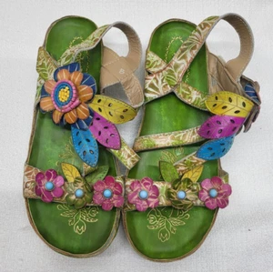 Gracosy Floral Leather Sandals, 70's Hippie Boho Bohemian Comfort Size 9 - Picture 1 of 24