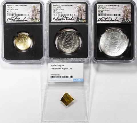 2019 W $5 NGC PF70 Apollo 11 50th Ann. Gold and Silver Set FDOI Charlie Duke Cover