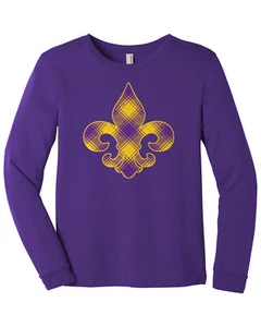 Plaid Mardi Gras Fleur De Lis Youth Long Sleeve T-Shirt New Orleans Party - Picture 1 of 9
