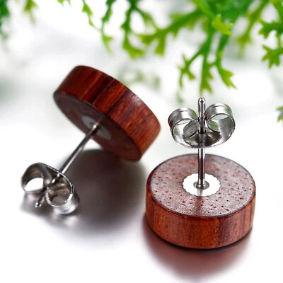 2pcs Men Women Round Wood Wooden Stud Earrings Pierced Screw Back 6mm-12mm - Image 1 of 4