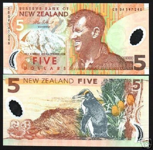 NEW ZEALAND 5 DOLLARS P185 b 2004 Edmund HILLARY PENGUIN POLYMER UNC MONEY NOTE - Image 1 of 1