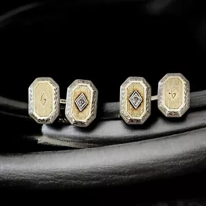 Gemelli Vintage Art Deco Oro Bianco Giallo 10K Diamanti Incisi Marca Omega - Foto 1 di 14