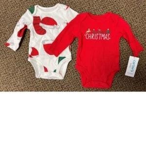 Set of 2 Baby Girls Bodysuits White Red MY FIRST CHRISTMAS Long Sleeve-sz NB - Picture 1 of 7