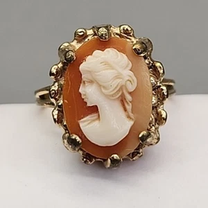 Vintage Cameo Ring Vargas Peach Gold Tone Prong Set Chunky 18K HGE Sz 8 - Picture 1 of 12