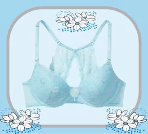 36D Blue SHINE Lace Front Close Extreme Lift Victorias Secret Plunge PU UW Bra - Picture 1 of 15