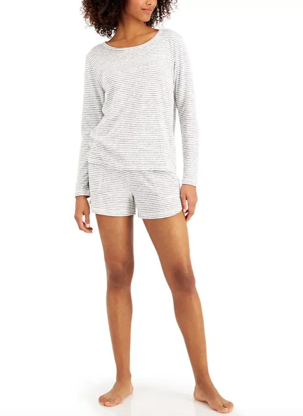 Alfani Long-Sleeve Top & Shorts Striped Pajama Set - Gray Heather Small #7189