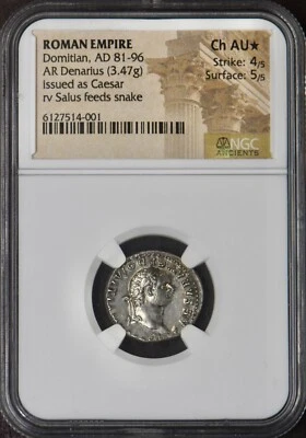 81-96 Roman Empire AR Denarius Domitian Salus Snake NGC CH AU* Star ✪COINGIANTS✪ - Image 1 of 2