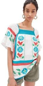 Anthropologie Seen Worn Kept Embroidered Top Damen 10 weiß Glockenärmel Tunika - Bild 1 von 11
