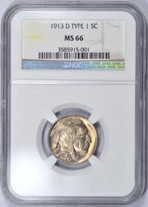 1913-D TYPE 1 BUFFALO NICKEL NGC MS66 PQ FROSTY CHOICE COIN - Picture 1 of 3