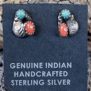 Turquoise Coral Post little Stud Earrings Navajo Roselene Joe Native American - Picture 1 of 4