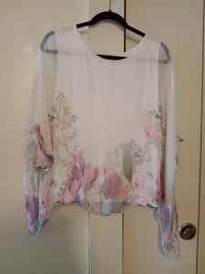 Viola Borghi Silk Kimono Blouse Top Womens Size S White Sheer Round Neck Lined - Picture 1 of 10