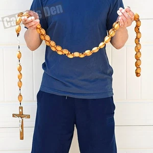 Rosario de pared grande de madera de pino 58" XL cuentas ovaladas medalla milagrosa crucifijo colgante - Imagen 1 de 11