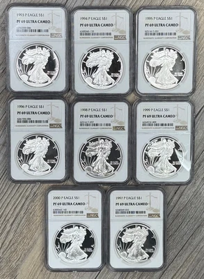 1993-2000 8 Coin Proof American 1ozt. Silver Eagle Set NGC PF 69 Ultra Cameo - Image 1 of 4