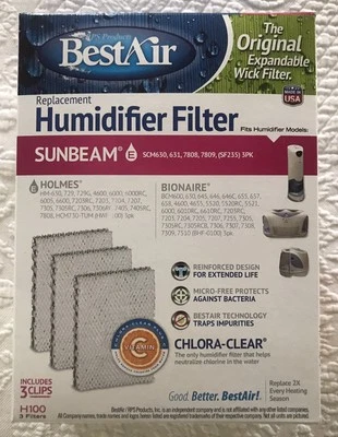 Best Air H100 Replacement Humidifier 3 Filters With Clips Holmes & Bionaire NEW - Image 1 of 4