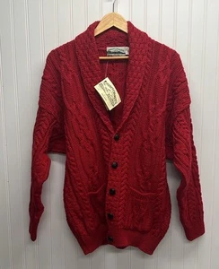 Maglione cadigan Arancrafts maglia cavo collo cappuccio rosso nuovo con etichetta taglia L - Foto 1 di 7