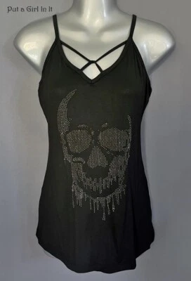 Nueva CAMISA SIN MANGAS VOCAL para mujer CRISTAL NEGRA CALAVERA ENTRECRUZADA RECORTE S M L XL Foto 1 de 4