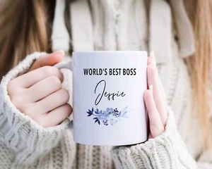101000 Personalized Name World's Best Boss Blue Floral Ceramic Coffee Mug 11oz - Picture 1 of 17