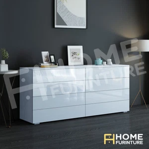 Dresser 8 Chest of Drawers Table Cabinet Bedroom Storage High Gloss Wood White - Picture 1 of 7