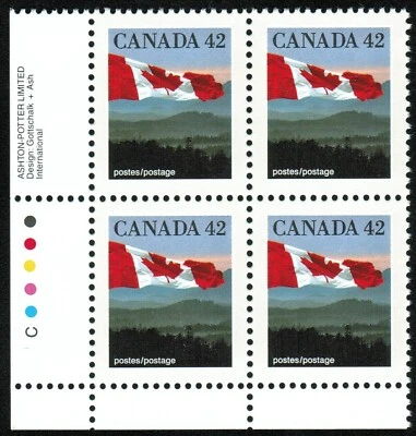 Canada sc#1356 Flag over Hill, LL Ashton-Potter Imprint Block, Mint-NH - Image 1 of 2