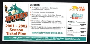 Kelowna Rockets 2001-02 Season Ticket Info Card WHL - Picture 1 of 1