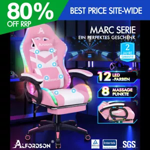 ALFORDSON Gaming Stuhl mit 8-Punkt Massage 12 Farben RGB LED-Licht Rosa & Weiß - Bild 1 von 12