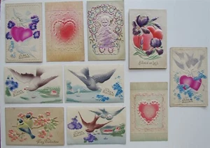 LOTE DE 10 POSTALES ANTIGUAS DE SAN VALENTÍN EN RELIEVE PALOMAS CORAZONES DE CUPIDO - Imagen 1 de 2