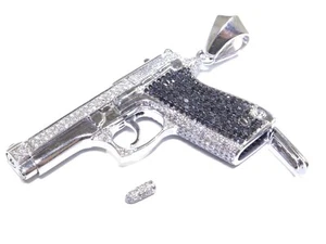 14 Karat Weißgold Rund Schliff Weiß & Schwarz Diamant 9,63ct Pistole mit Kugel Anhänger - Bild 1 von 10
