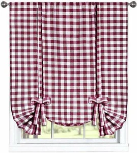 Window Curtain Tie-Up Shade Checked Plaid Gingham Kitchen Drapes (42" W x 63" L) - Picture 1 of 42