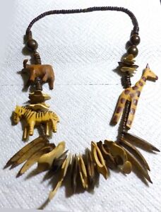 Water Buffalo and Coconut Necklace Vintage 30" Carved Giraffe Zebra