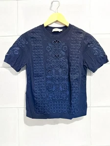 Tory Burch Shirt Floral Cut Out Short Sleeve Navy blue Women’s Size Small - Picture 1 of 6