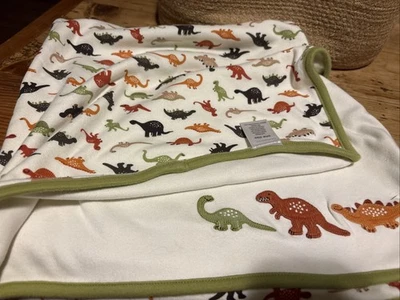 Gymboree Tan Baby Blanket 3 Dinosaurs Orange Green Trim Cotton Reversible (a-16 - Image 1 of 4