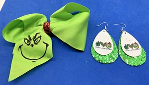 NEUE grüne Grinch Haarschleife Clip & NEU Grinch Kunstleder Träne Ohrringe - Bild 1 von 5