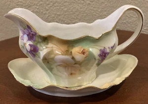RS Germany Hand Painted Porcelain Gravy Boat and Underplate Roses Lilacs See Pic - Picture 1 of 11