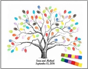 Großes 23,6" Leinwand Fingerabdruck Baum Gemälde Hochzeit Party Gästebuch mit Stempelkissen - Bild 1 von 7