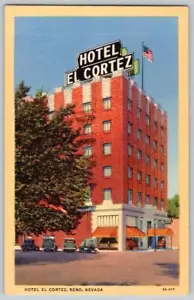 HOTEL EL CORTEZ RENO NEVADA 1933 VINTAGE LINO CURTEICH POSTAL BANDERA AMERICANA - Imagen 1 de 2