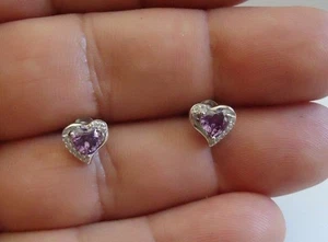 925 STERLING SILVER HEART SHAPE STUD EARRINGS W/ 1.10 CT AMETHYST & ACCENTS - Picture 1 of 1