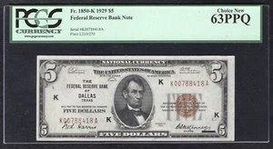FR. 1850-K 1929 $5 FRBN FEDERAL RESERVE BANK NOTE DALLAS, TX PCGS UNC-63PPQ - Picture 1 of 2